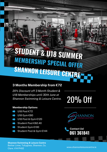 Student Summer membership Special Offer Shannon Swimming & Leisure Centre